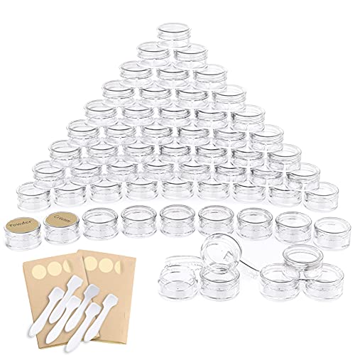 60 Piezas Contenedores de plástico, PAMIYO 5 ml Envase Cosmético Vacío Pequeño Plástico Puede Olla Cosmética Tarro Vacío Crema de Viaje con Tapa + 6 Mini espátulas y Dos Pegatinas Redondas