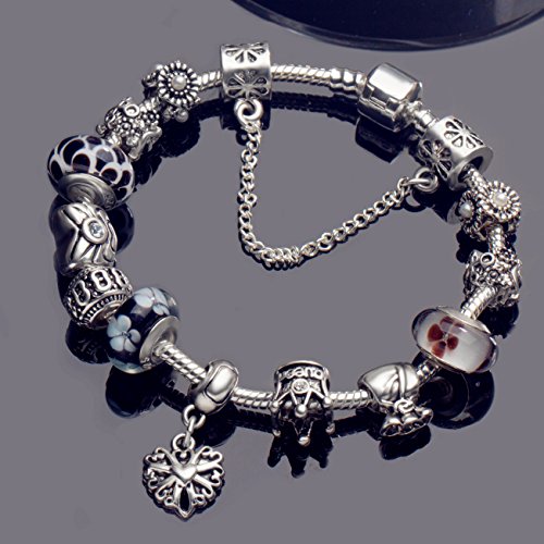 A TE® Charm Pulsera Abalorio Murano Cristal Vidrio Perlas con Cadena de Seguridad #JW-B110 (Negro 18cm)