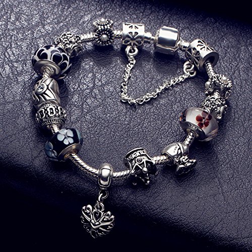 A TE® Charm Pulsera Abalorio Murano Cristal Vidrio Perlas con Cadena de Seguridad #JW-B110 (Negro 18cm)