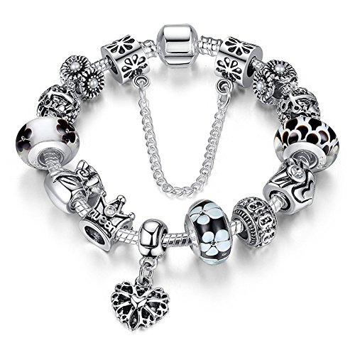 A TE® Charm Pulsera Abalorio Murano Cristal Vidrio Perlas con Cadena de Seguridad #JW-B110 (Negro 18cm)