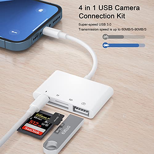 Adaptador de Lector de Tarjetas SD, Kit de Conexión de Cámara USB 4 en 1, Adaptador de Lector de Tarjetas SD/TF, Lector de Tarjetas SD, USB 2.0 Hembra OTG Cable USB para Phone 12 11 X XS 8 7 y Pad