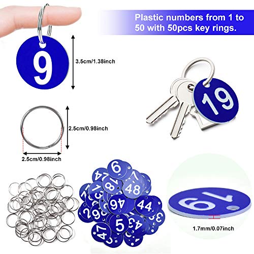 AFASOES 50 Pcs Etiquetas Numeradas Número 1-50 Llavero Numeros Etiquetas de Plástico Numeradas, Etiquetas Numeradas para Clasificar Llaves Perchas para Taquillas Hoteles Pubs Spa, 3.5 cm, Color Azul