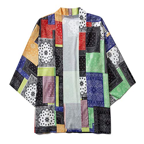 AFASSW Kimono Chaquetas Bandana estampadas Vintage Moda Bohemia Anacardo Flor Patrón Hombre Harajuku Streetwear Casual Delgado Estilo Japón Tamaño Suelto Camisas de Punto Abierto, Negro, XL