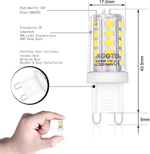 AGOTD Bombillas LED G9 4W Equivale 40W Halógena, 6000K Blanco frio 400LM, 360 Grados AC 200-240V, No Regulable, Pack de 10