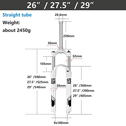 aiNPCde Bicicleta Horquilla de Suspensión MTB 26/27.5/29 Pulgadas Tubo Recto, Freno de Disco QR 9mm Resorte Mecánico Horquilla Delantera para Bicicleta de Montaña Blanco