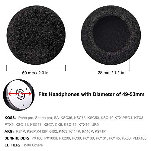 Almohadillas Auriculares,TesRank Almohadilla Espuma Reemplazo 8 Piezas Oído Repuesto Esponja Earpads Compatible con Mayorías de Auriculares- Negro,49-53mm/1.93"-2.1"