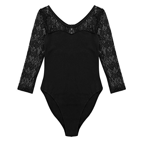 Alvivi Maillot Ballet Mujer Manga Larga Encaje Maillot Elástico de Gimnasia Ritmica Body Elegante de Danza Clásica Mono Ajustado de Gimnasia Leotardo A Negro S