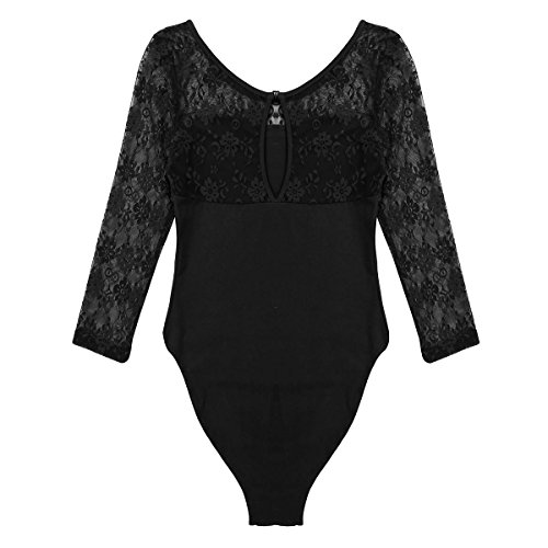 Alvivi Maillot Ballet Mujer Manga Larga Encaje Maillot Elástico de Gimnasia Ritmica Body Elegante de Danza Clásica Mono Ajustado de Gimnasia Leotardo A Negro S