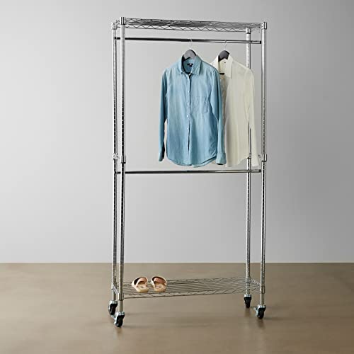 Amazon Basics - Perchero de ropa de doble barra con ruedas, Cromo