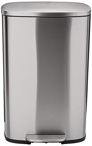 Amazon Basics Rectangle Soft-Close Trash Can - 50L, Satin Nickel