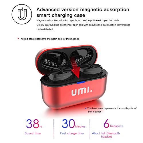 Amazon Brand - Umi Auriculares de botón inalámbricos W5s con Bluetooth 5.0 y certificación IPX7 compatibles con iPhone Samsung Huawei y Estuche metálico con Base de Carga (Rojo)