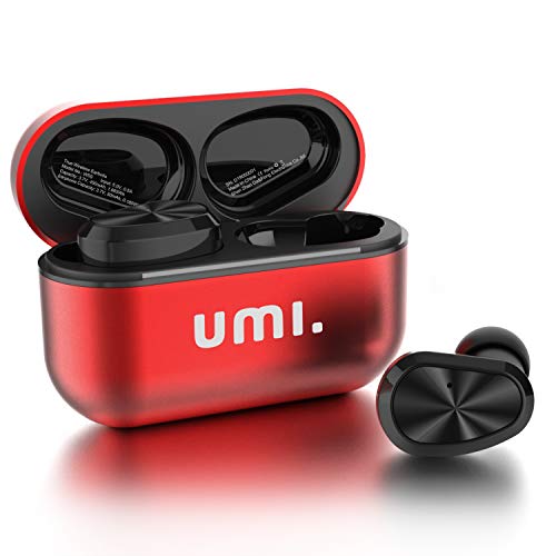 Amazon Brand - Umi Auriculares de botón inalámbricos W5s con Bluetooth 5.0 y certificación IPX7 compatibles con iPhone Samsung Huawei y Estuche metálico con Base de Carga (Rojo)