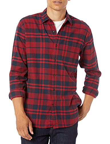 Amazon Essentials - Camisa de franela a cuadros de manga larga y ajuste regular para hombre, Rojo (Red Plaid), US L (EU L)