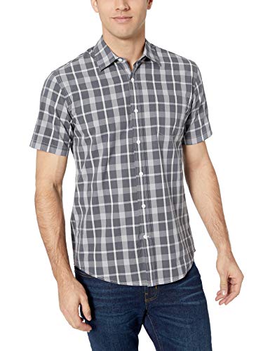 Amazon Essentials – Camisa informal de popelín a cuadros de manga corta de corte recto para hombre, carbón a cuadros, US S (EU S)