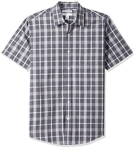 Amazon Essentials – Camisa informal de popelín a cuadros de manga corta de corte recto para hombre, carbón a cuadros, US S (EU S)