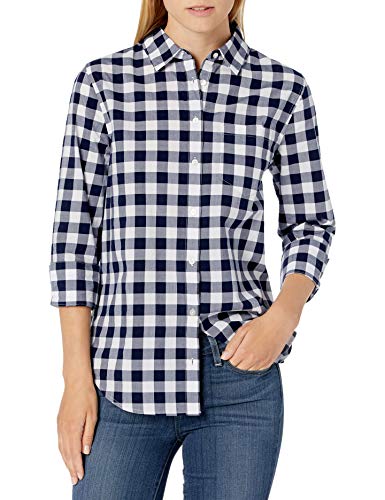 Amazon Essentials Classic-fit 3/4 Sleeve Poplin Shirt Athletic-Shirts, Azul Marino/Blanco, A Cuadros, M