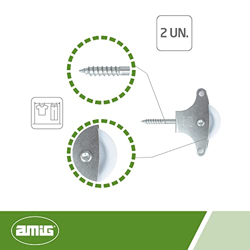 Amig - Polea de Acero con Roldana De Plástico Zincado para Tendederos de Ropa ø 39 mm, Incluye Tornillo Tirafondo de Sujección y Guías, 40 MM