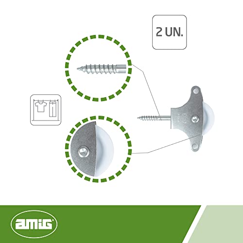 Amig - Polea de Acero con Roldana De Plástico Zincado para Tendederos de Ropa ø 39 mm, Incluye Tornillo Tirafondo de Sujección y Guías, 40 MM