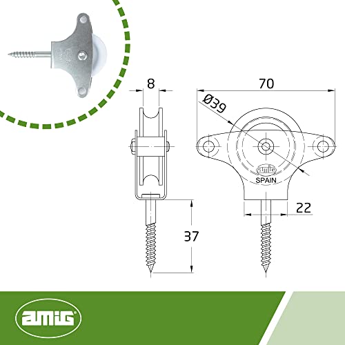 Amig - Polea de Acero con Roldana De Plástico Zincado para Tendederos de Ropa ø 39 mm, Incluye Tornillo Tirafondo de Sujección y Guías, 40 MM