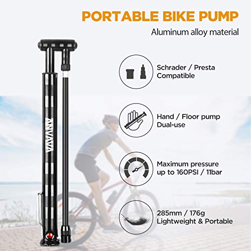 ANVAVA Mini Bomba de Bicicleta Portátil Bomba de Bicicleta de Pie 160 PSI Juego Bomba de Bici Pequeña Bomba de Montaña con Marco Fijo para Carretera MTB Electrica BMX Bici, Negro