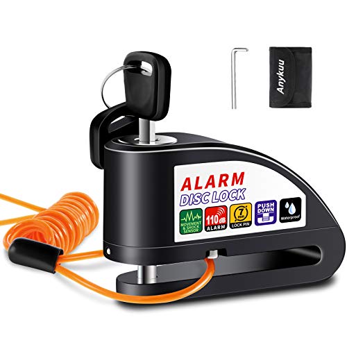Anykuu Candado Disco Moto con 1.5m Cable y Bolsa Cerradura Dispositivo antirrobo de Bloqueo de Disco con Alarma antirrobo de Acero 7mm 110DB