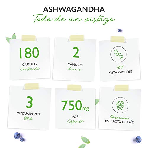 Ashwagandha - 180 cápsulas con 750 mg de extracto puro - Premium: 10% de withanólidos - Probado en laboratorio - Alta pureza - Vegano - Altamente dosificado