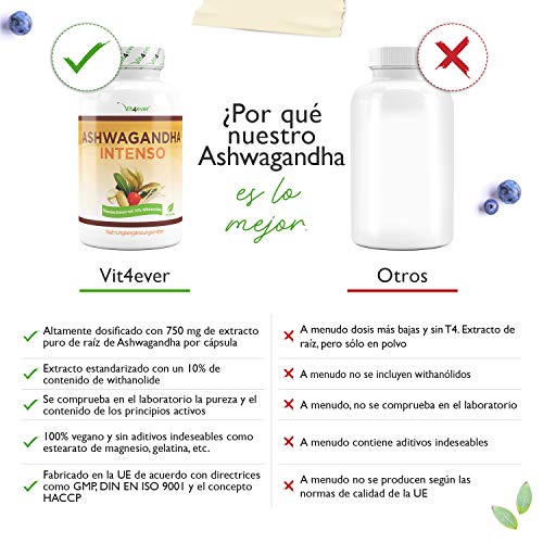 Ashwagandha - 180 cápsulas con 750 mg de extracto puro - Premium: 10% de withanólidos - Probado en laboratorio - Alta pureza - Vegano - Altamente dosificado