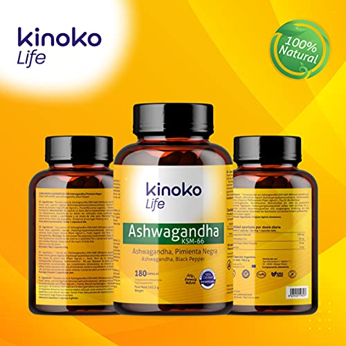 Ashwagandha KSM-66 180 cápsulas 500mg con Pimienta Negra para Máxima Absorción | 5% de Withanolidos | 100% Vegano | Withania Somnifera | Sin estearato magnesio | Sin Gluten | No OGM | Ashwagandha