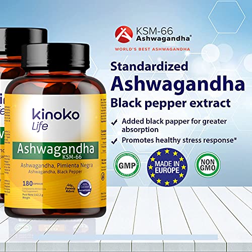 Ashwagandha KSM-66 180 cápsulas 500mg con Pimienta Negra para Máxima Absorción | 5% de Withanolidos | 100% Vegano | Withania Somnifera | Sin estearato magnesio | Sin Gluten | No OGM | Ashwagandha