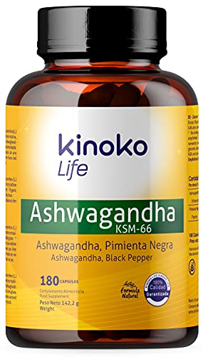 Ashwagandha KSM-66 180 cápsulas 500mg con Pimienta Negra para Máxima Absorción | 5% de Withanolidos | 100% Vegano | Withania Somnifera | Sin estearato magnesio | Sin Gluten | No OGM | Ashwagandha