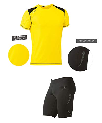 ASIOKA 115/17-182/17 Pack Malla Compresiva + Camiseta técnica combinada, Unisex Adulto, Negro/Amarillo/Marengo, M