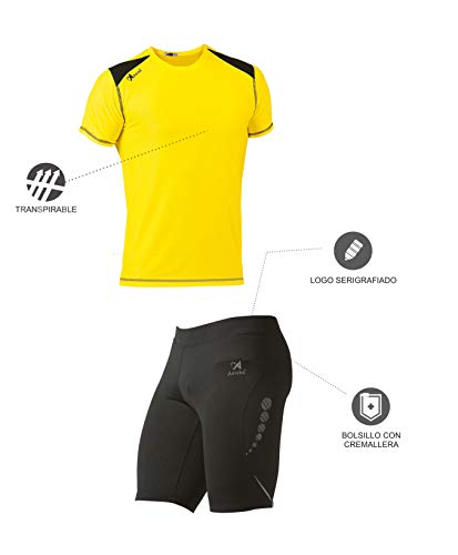 ASIOKA 115/17-182/17 Pack Malla Compresiva + Camiseta técnica combinada, Unisex Adulto, Negro/Amarillo/Marengo, M