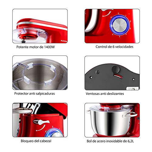 Aucma Batidora Amasadora, 1400W Batidora de Pie, con Bol de Acero Inoxidable de 6,2 L Amasadora de Pan, 6 Velocidades Eléctrica Amasadora para Repostería con Gancho para Masa, Batidor