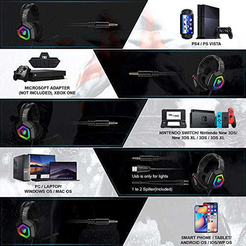 Auriculares Gaming con Microfono - Maxesla Cascos Gaming con Sonido Envolvente, Reducción de Ruido y Ajustable, Luz LED y Control Volumen, para PS4 / Xbox One X / PC / Laptop / Tablet