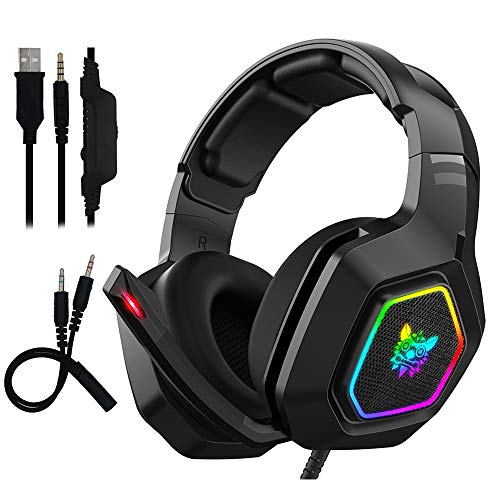 Auriculares Gaming con Microfono - Maxesla Cascos Gaming con Sonido Envolvente, Reducción de Ruido y Ajustable, Luz LED y Control Volumen, para PS4 / Xbox One X / PC / Laptop / Tablet