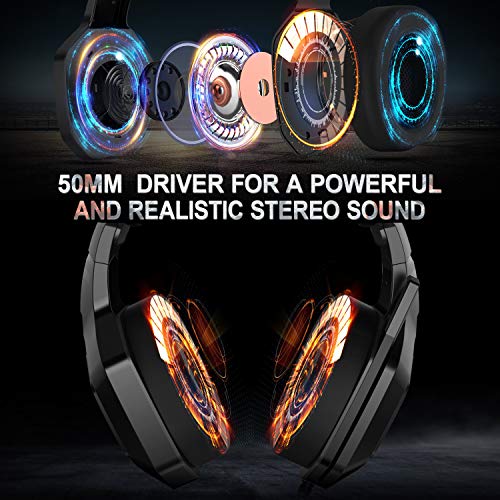 Auriculares Gaming con Microfono - Maxesla Cascos Gaming con Sonido Envolvente, Reducción de Ruido y Ajustable, Luz LED y Control Volumen, para PS4 / Xbox One X / PC / Laptop / Tablet