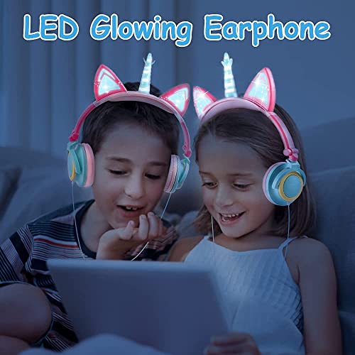 Auriculares Niña,Cascos Niña,Auriculares Orejas de Gato,Cascos Cuerno de Unicornio,Auriculares Infantiles Niña,Auriculares LED con Diadema Ajustable, Limitación de Volumen a 85 dB (Vistosa)