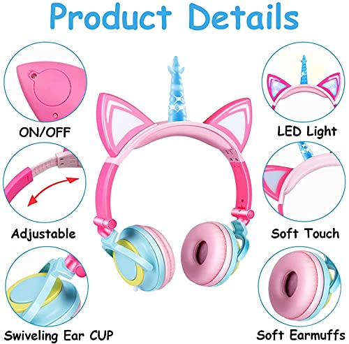 Auriculares Niña,Cascos Niña,Auriculares Orejas de Gato,Cascos Cuerno de Unicornio,Auriculares Infantiles Niña,Auriculares LED con Diadema Ajustable, Limitación de Volumen a 85 dB (Vistosa)