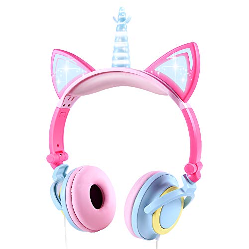 Auriculares Niña,Cascos Niña,Auriculares Orejas de Gato,Cascos Cuerno de Unicornio,Auriculares Infantiles Niña,Auriculares LED con Diadema Ajustable, Limitación de Volumen a 85 dB (Vistosa)