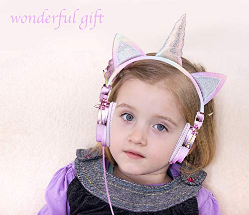 Auriculares para niños de unicornio sobre la oreja con cable de 3,5 mm, 85 dB, volumen limitado, auriculares de anime, manos libres, para niños, niñas, adultos, adolescentes