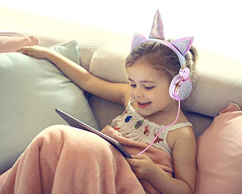 Auriculares para niños de unicornio sobre la oreja con cable de 3,5 mm, 85 dB, volumen limitado, auriculares de anime, manos libres, para niños, niñas, adultos, adolescentes