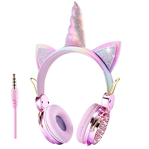 Auriculares para niños de unicornio sobre la oreja con cable de 3,5 mm, 85 dB, volumen limitado, auriculares de anime, manos libres, para niños, niñas, adultos, adolescentes