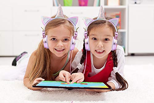 Auriculares para niños de unicornio sobre la oreja con cable de 3,5 mm, 85 dB, volumen limitado, auriculares de anime, manos libres, para niños, niñas, adultos, adolescentes