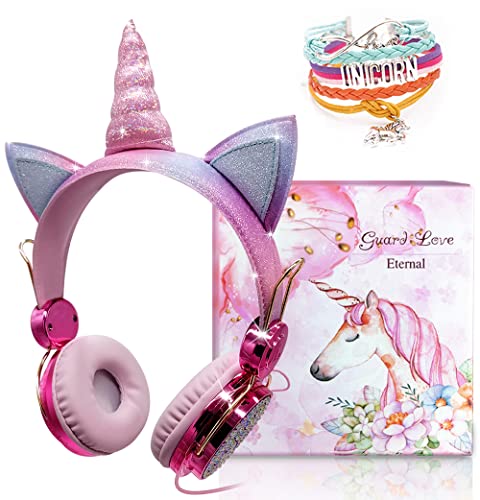 Auriculares Unicornio para Niños, Auriculares con Oreja para Niñas Auriculares Lindos con Cable 85dB Volumen Limitado, Navidad/Regalo de Cumpleaños para Niñas, Auriculares para Kindle/iPad (Wired)