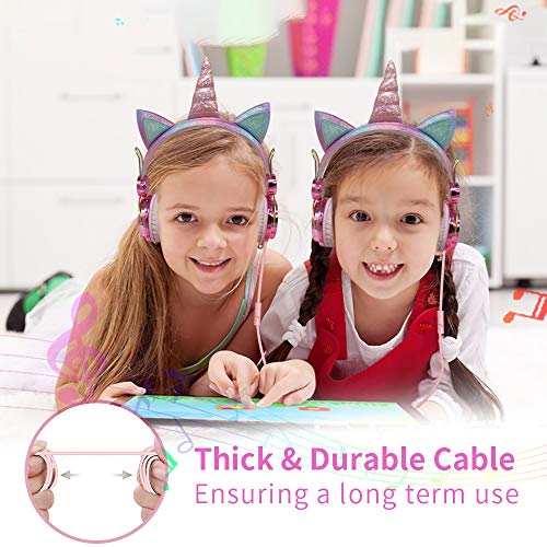 Auriculares Unicornio para Niños, Auriculares con Oreja para Niñas Auriculares Lindos con Cable 85dB Volumen Limitado, Navidad/Regalo de Cumpleaños para Niñas, Auriculares para Kindle/iPad (Wired)