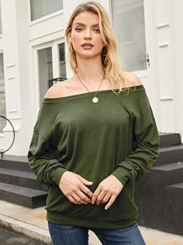 Auxo Mujer Jersey Camiseta Hombros Descubiertos Manga Larga Suéter Tallas Grandes Suelto Suave Top 07-Verde L