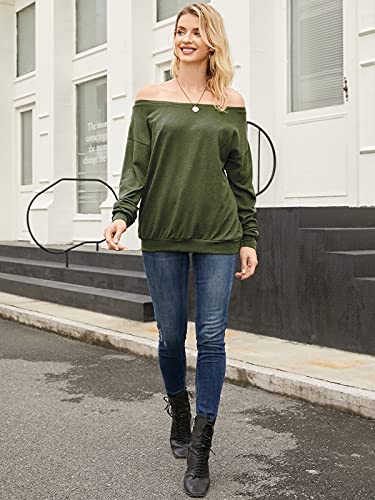 Auxo Mujer Jersey Camiseta Hombros Descubiertos Manga Larga Suéter Tallas Grandes Suelto Suave Top 07-Verde L