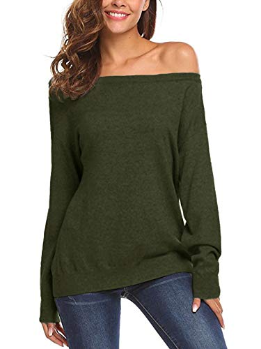 Auxo Mujer Jersey Camiseta Hombros Descubiertos Manga Larga Suéter Tallas Grandes Suelto Suave Top 07-Verde L