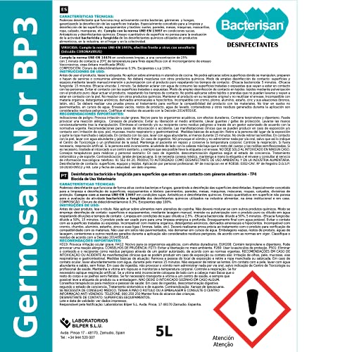 Bacterisan Germosan No Bp3 5L | Desinfectante Multiusos Triple Acción| Elimina el 99.95 de Virus, Gérmenes y Bacterias de Todo Tipo de Objetos Superficies y Textiles Profesional 5000 ml