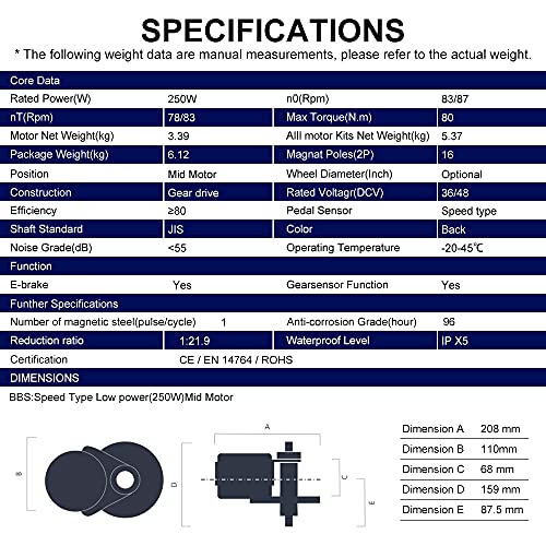 Bafang 250W 48V BBS01B Kit Mid Drive Juego de Conversión de Bicicleta Eléctrica Kit de Motor Central Bicicleta de Montaña, Batería Opcional 10/11,6/13/17,5/18Ah, Batería Trasera de Rack 15/17,5Ah